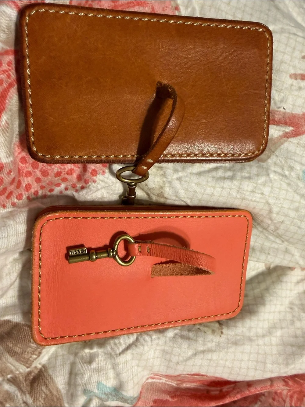 Fossil Leather Card & Key Holders in Brown and Coral